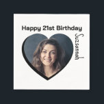 Aangepaste foto 21st Happy Birthday Party-Sjabloon Servet<br><div class="desc">Maak elke speciale gelegenheid leuk met een hartvormige foto en bericht op een servet. Vervang de foto van de tijdelijke aanduiding door uw foto. Een vierkante foto met onderwerp gecentreerd werkt het beste. Sjabloon Pas de tekstvelden aan, verwijder tekst of gebruik het gereedschap Ontwerp bewerken om een lettertypestijl, -grootte en...</div>