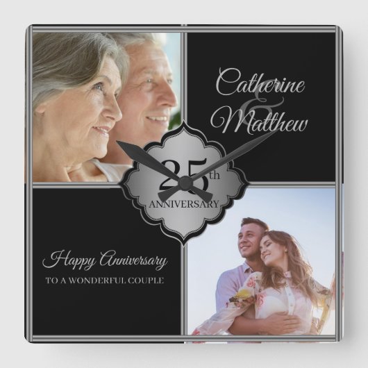 Aangepaste foto 25e Jubileum-vierkante wandklok (Voorkant)