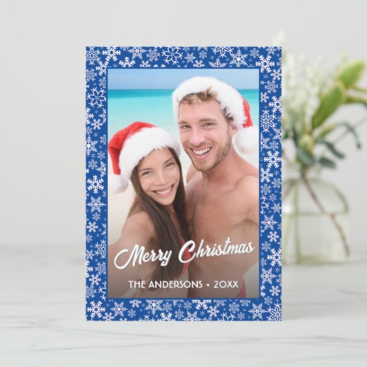 Aangepaste foto 2 zijdelings ontwerp elegant blauw feestdagenkaart (Staand voorkant)