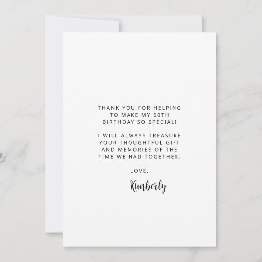 Aangepaste foto 60ste verjaardagsfeest zwart scrip bedankkaart (Achterkant)