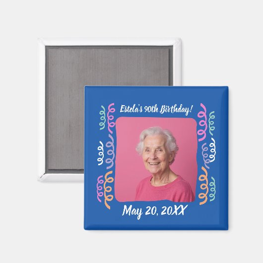 Aangepaste foto 90e verjaardag Streamers Keepsake Magneet (Voorkant / Achterkant)