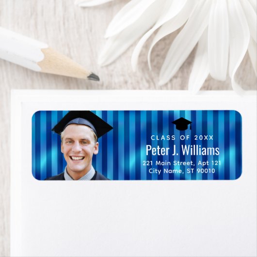 Aangepaste foto afstudeer retouradres met blauwe l etiket (Insitu)