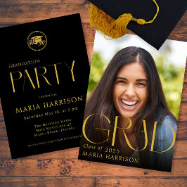 Aangepaste foto Afstuderen Gold op Black Invitatio Kaart