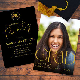 Aangepaste foto Afstuderen Gold op Black Invitatio Kaart