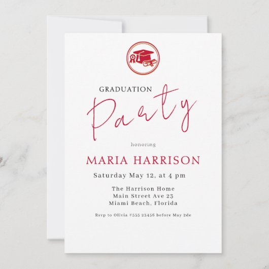 Aangepaste Foto Afstuderen Rood op Witte Uitnodigi Kaart (Achterkant)
