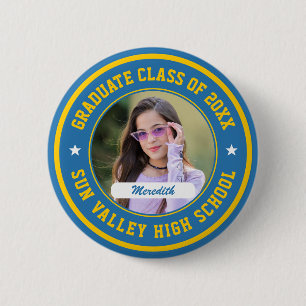 Aangepaste foto afstuderen seniorenklas ronde button 5,7 cm
