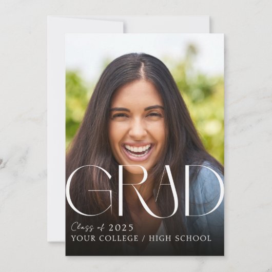 Aangepaste Foto Afstuderen Wit op Zwarte Uitnodigi Kaart (Voorkant)