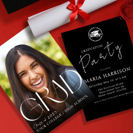 Aangepaste Foto Afstuderen Wit op Zwarte Uitnodigi Kaart