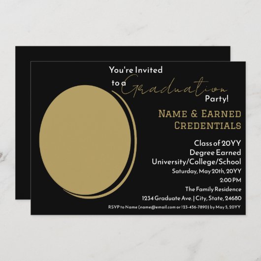 Aangepaste Foto Afstuderen Zwart, Wit & Goud Party Aankondiging (Voorkant / Achterkant)