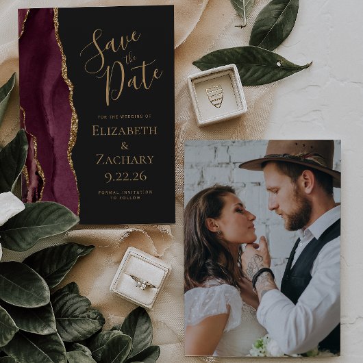 Aangepaste foto agaat burgundy goud save the date kaart