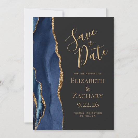 Aangepaste foto Agate Blue Gold Dark Save the Date Kaart (Voorkant)