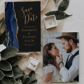 Aangepaste foto Agate Blue Gold Dark Save the Date Kaart