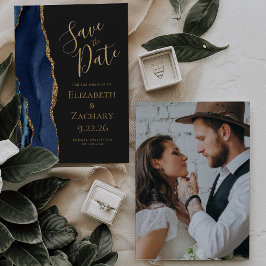 Aangepaste foto Agate Blue Gold Dark Save the Date Kaart