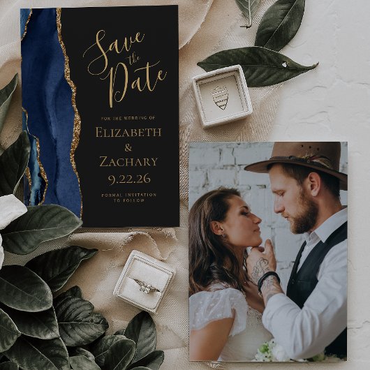 Aangepaste foto Agate Blue Gold Dark Save the Date Kaart