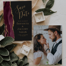 Aangepaste foto Agate Burgundy Gold Save the Date Kaart