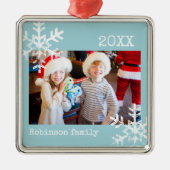 Aangepaste foto-aqua-blauw-versiering met sneeuwvl metalen ornament (Voorkant)