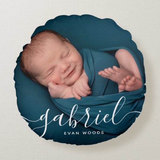 Aangepaste foto baby naam sjabloon gepersonaliseer rond kussen (Voorkant)