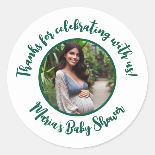 Aangepaste foto baby shower modern script bedankt ronde sticker (Voorkant)