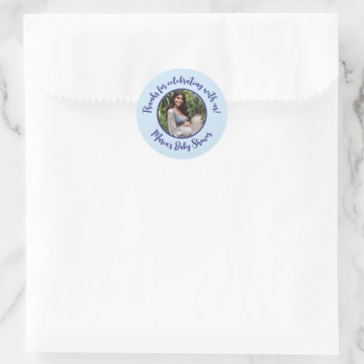 Aangepaste foto Baby shower Modern Script Dank u Ronde Sticker (Tas)