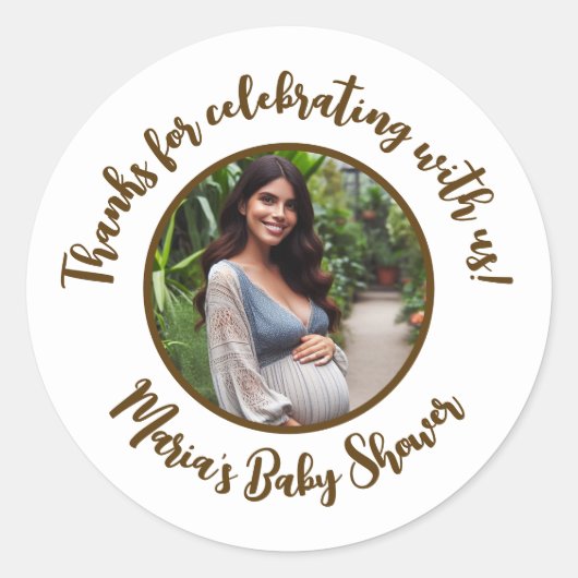 Aangepaste foto Baby shower Modern Script Dank u Ronde Sticker (Voorkant)