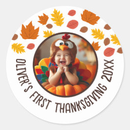 Aangepaste Foto Baby's 1e Thanksgiving Herfst Gift Ronde Sticker
