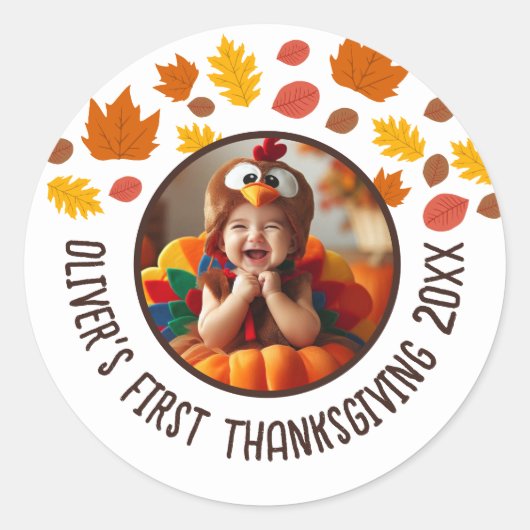 Aangepaste Foto Baby's 1e Thanksgiving Herfst Gift Ronde Sticker (Voorkant)