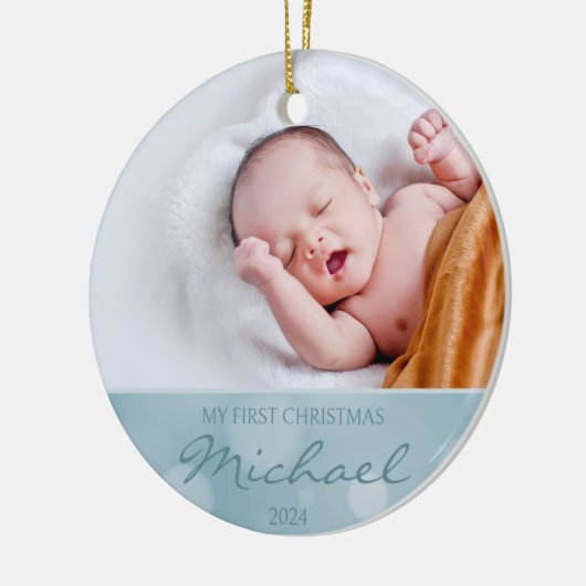 Aangepaste Foto Baby's Eerste Kerst Keramisch Ornament (Links)