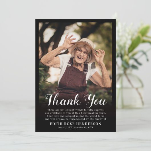 Aangepaste foto begrafenis | Sympathy Black Bedankkaart (Staand voorkant)