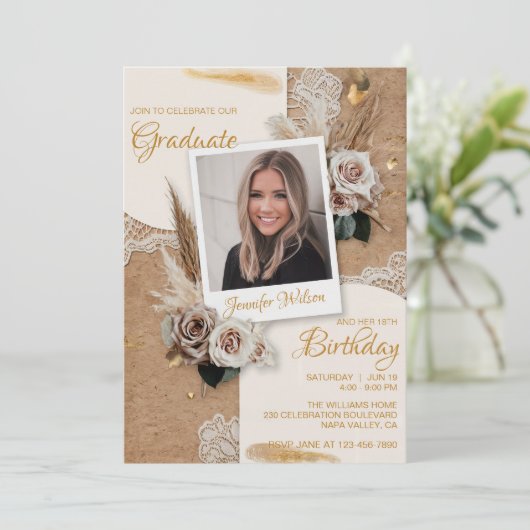 Aangepaste Foto Beige Boheemse Verjaardag Afstuder Kaart (Staand voorkant)