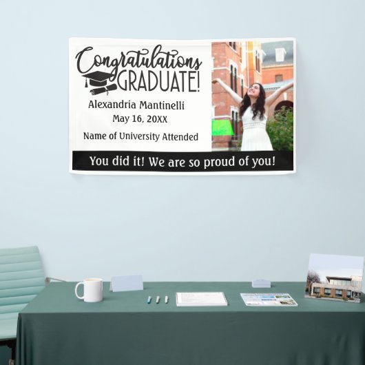 Aangepaste Foto & Bericht Zwart & Wit Afstuderen Spandoek (Beurs)