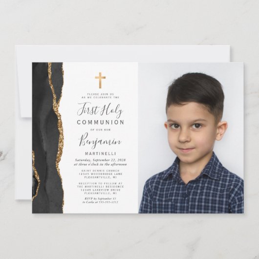 Aangepaste foto Black Agate Gold First Communie Kaart (Voorkant)