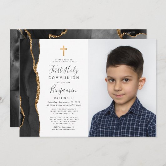 Aangepaste foto Black Agate Gold First Communie Kaart (Voorkant / Achterkant)