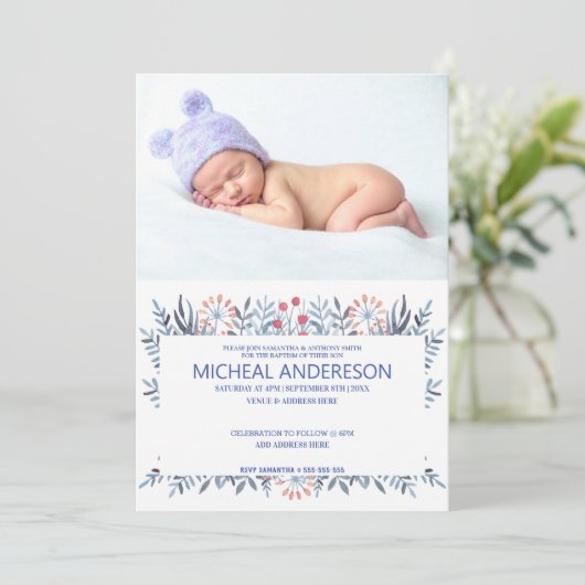 Aangepaste foto Blauw Floral Baptisme Kaart (Staand voorkant)