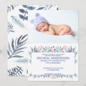 Aangepaste foto Blauw Floral Baptisme Kaart (Voorkant / Achterkant)