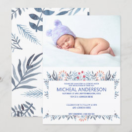 Aangepaste foto Blauw Floral Baptisme Kaart