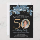 Aangepaste Foto Blauw Gouden Bloem 50ste Verjaarda Kaart (Voorkant)