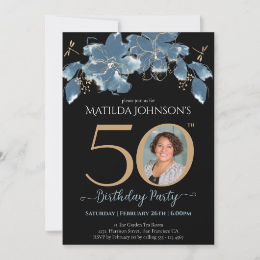 Aangepaste Foto Blauw Gouden Bloem 50ste Verjaarda Kaart (Voorkant)