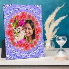 Aangepaste foto Blauw kant Roze rozen Lijst Plaque Fotoplaat