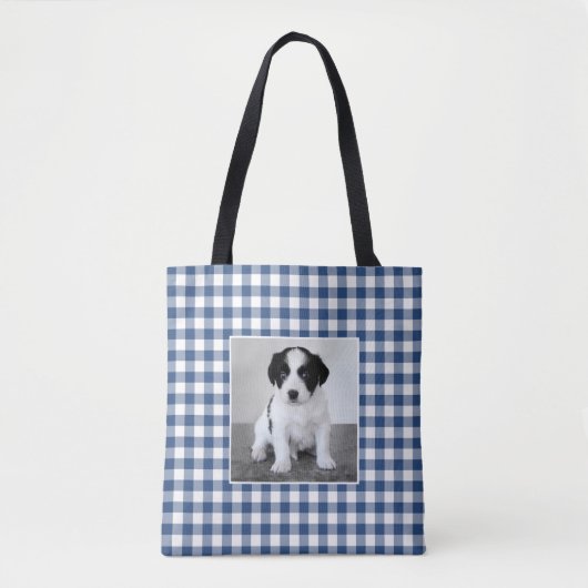 Aangepaste Foto Blauw Wit Gingham Check Patroon Tote Bag (Voorkant)