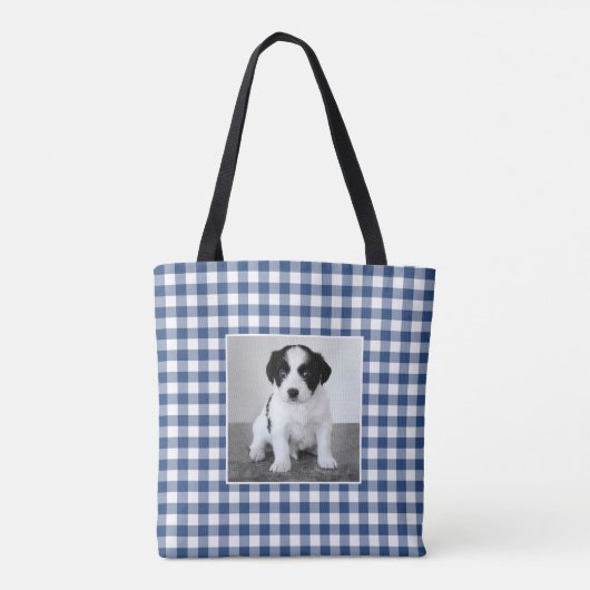 Aangepaste Foto Blauw Wit Gingham Check Patroon Tote Bag (Achterkant)