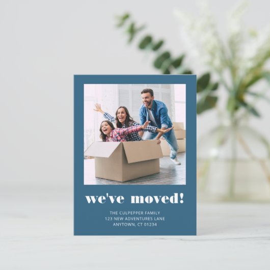 Aangepaste foto blauwe bewegende aankondiging briefkaart (Staand voorkant)