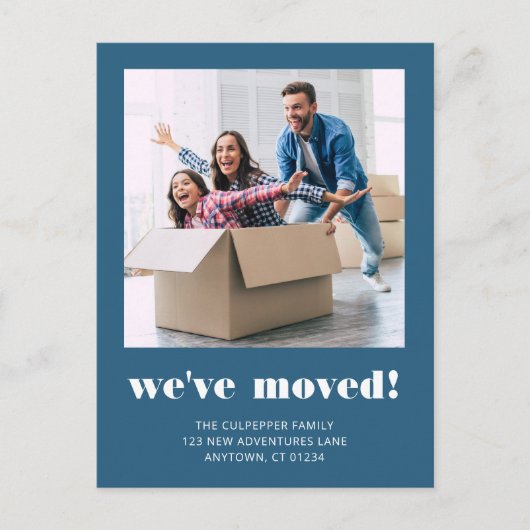 Aangepaste foto blauwe bewegende aankondiging briefkaart (Voorkant)