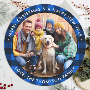 Aangepaste foto Blauwe Buffalo Pset Merry Kerstmis Ronde Sticker