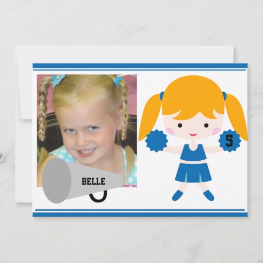 Aangepaste foto Blauwe Cheerleader Birthday Uitnod Kaart (Voorkant)