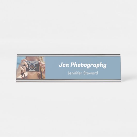 Aangepaste foto blauwe fotograaf bureau naambordje (Voorkant)