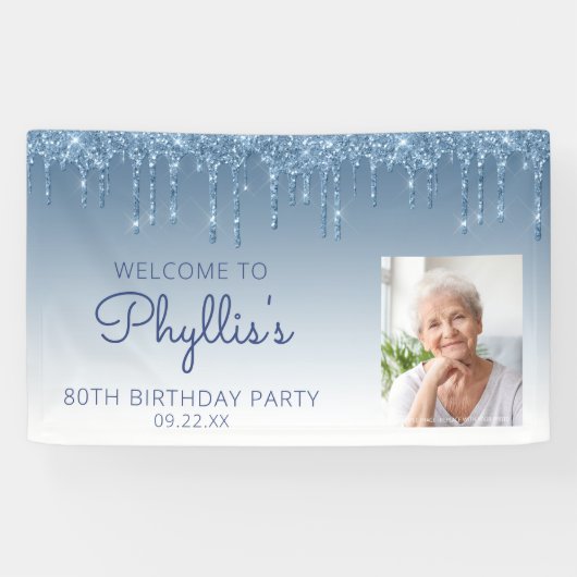 Aangepaste foto blauwe glitter Drip 80th Birthday Spandoek (Horizontaal)