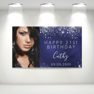 Aangepaste foto blauwe zilverglitterbanner op jaar spandoek