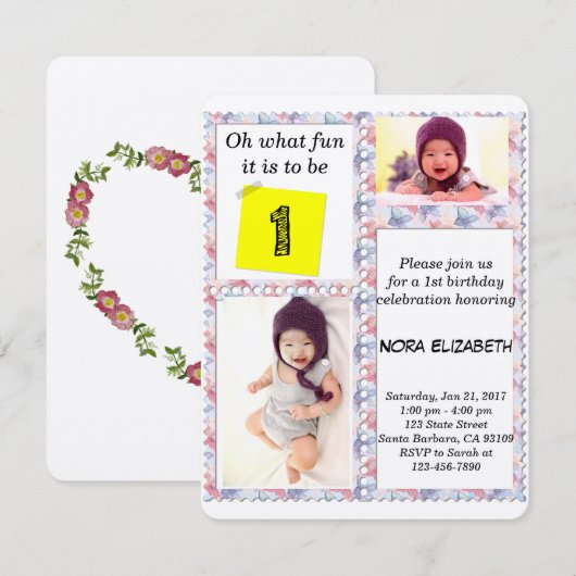 Aangepaste Foto Bloemen Lijst 1e Verjaardag Uitnod Kaart (Voorkant / Achterkant)