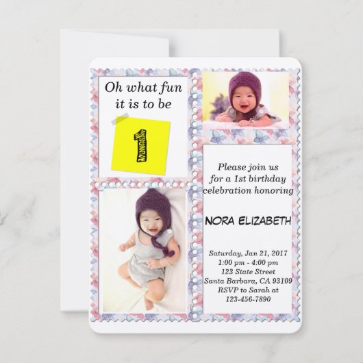 Aangepaste Foto Bloemen Lijst 1e Verjaardag Uitnod Kaart (Voorkant)