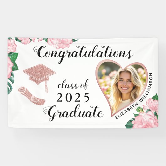 Aangepaste Foto Bloemen Wit en Roze Afstuderen Spandoek (Horizontaal)